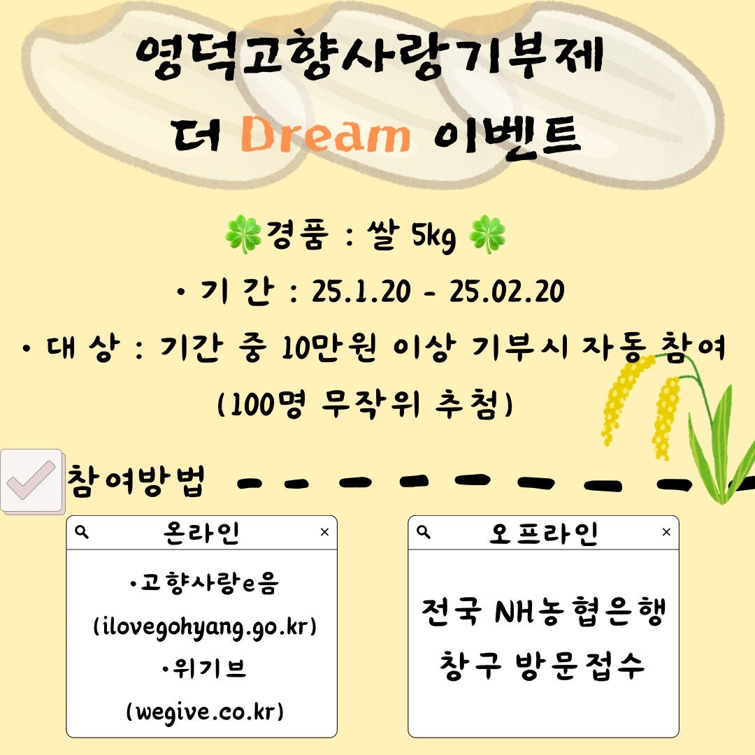 영덕고향사랑기부제 더 Dream 이벤트 · 경품 : 쌀 5kg · 기간 : 25.1.20. - 25.02.20 · 대상 : 기간 중 10만원 이상 기부시 자동 참여(100명 마작위 추첨) · 참여방법  - 온라인 · 고향사랑e음(ilovegohyang.go.kr) · 위기브(wegive.co.kr) - 오프라인 전국 NH농협은행 창구 방문 접수