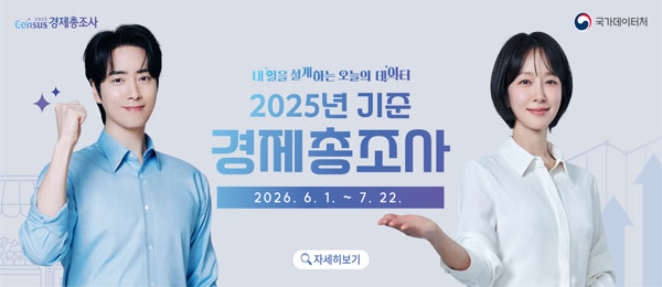 국가데이터처 2025 Census 경제총조사 내일을 설계하는 오늘의 데이터 2025년 기준 경제총조사 2026.6.1.~7.22. 자세히보기